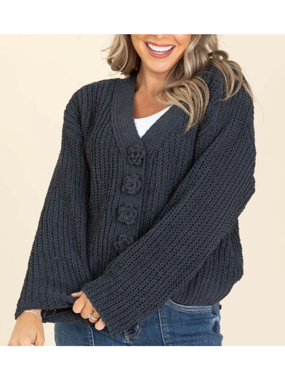 POL Chunky Knit Cardigan Sweater Small Black Flower Button Front Boho Textured
